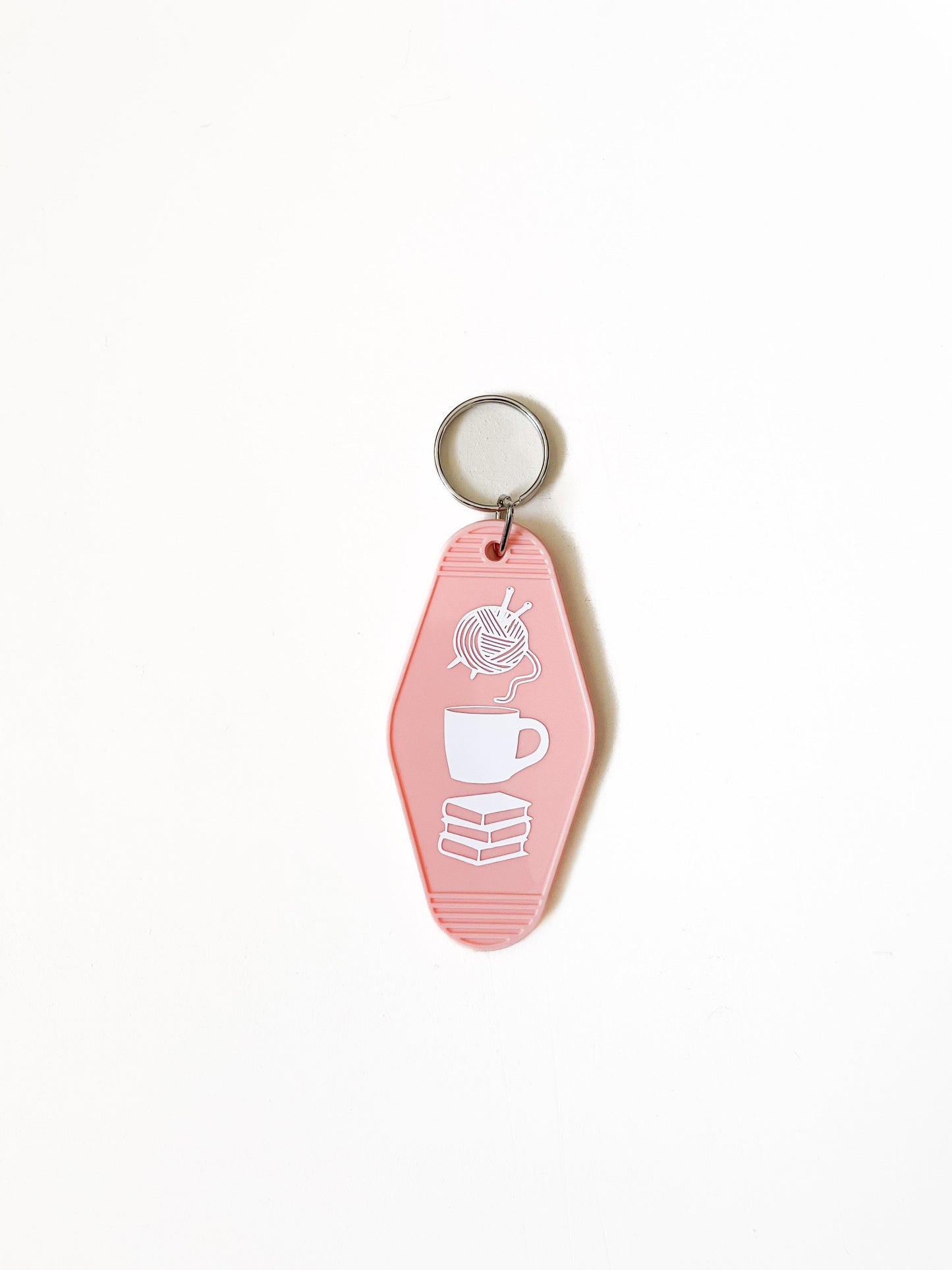 knitting + coffee + books = life keychain
