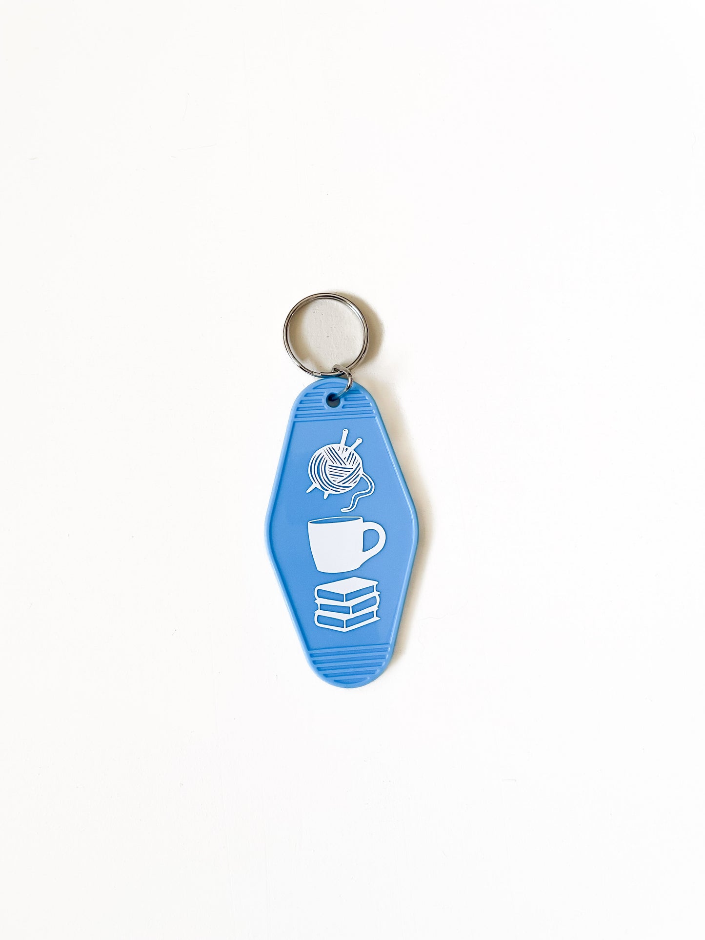 knitting + coffee + books = life keychain