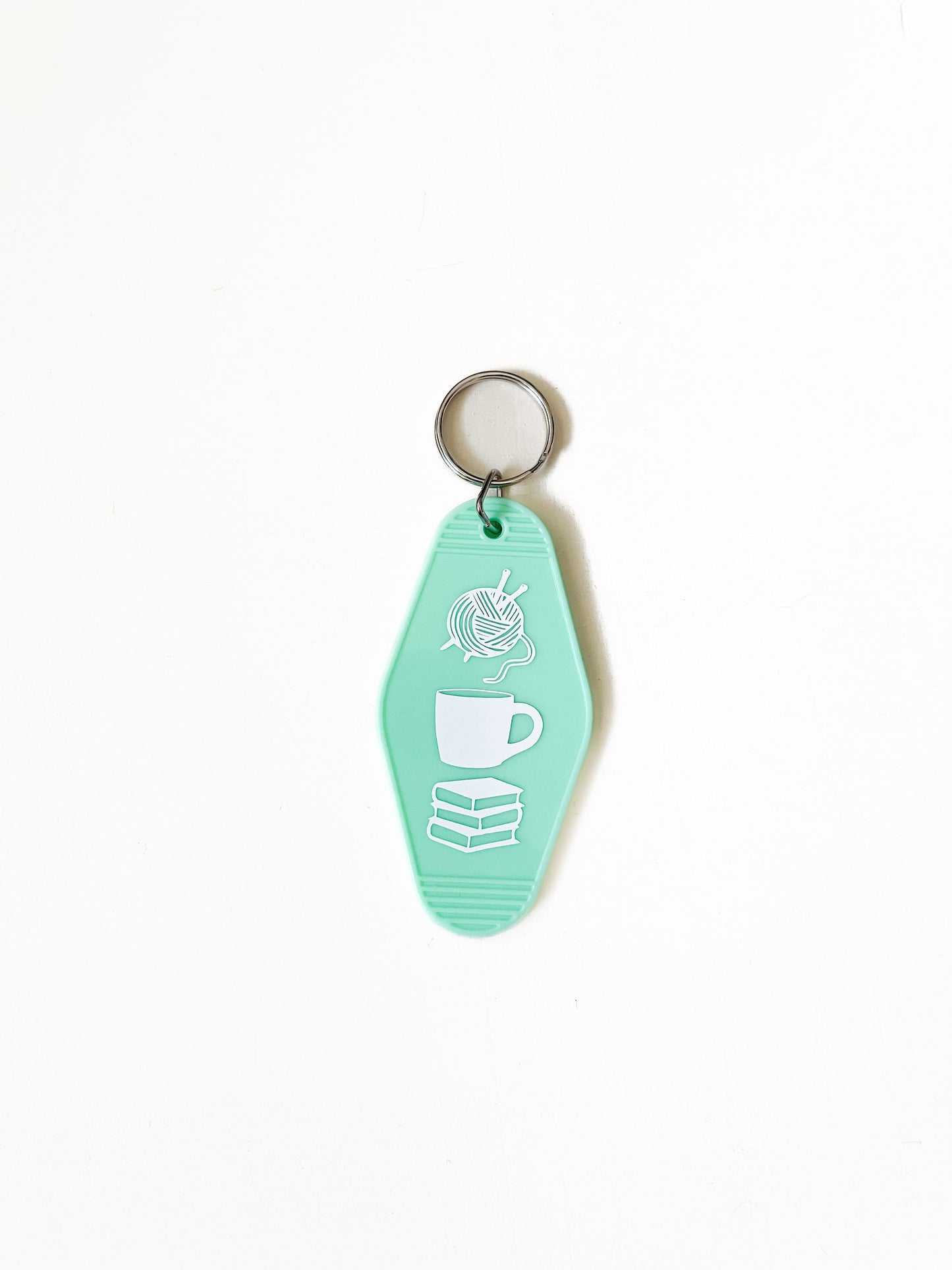 knitting + coffee + books = life keychain