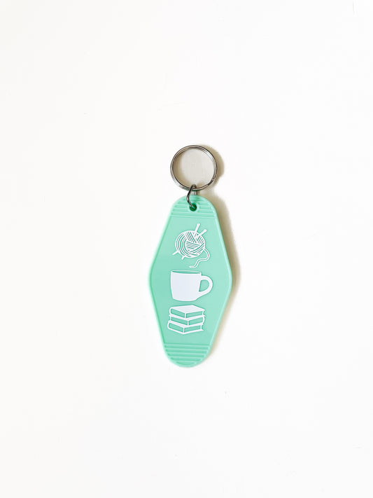 knitting + coffee + books = life keychain